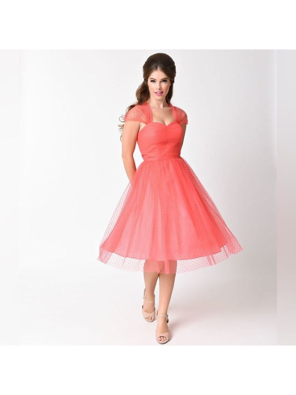 Unique Vintage Coral Pink Swiss Dot Garden State Mesh Cocktail Dress - Size XS